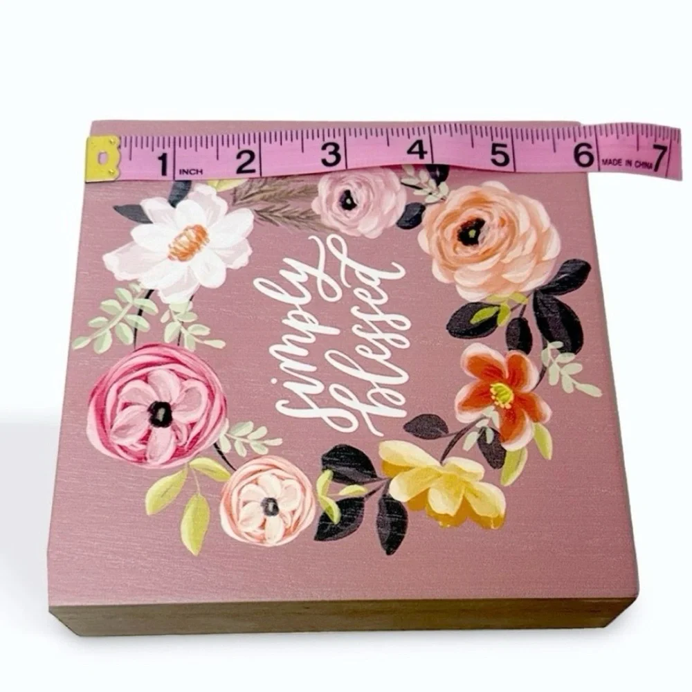 SIMPLY BLESSED Floral 6in x 6in Wooden Decor Sign